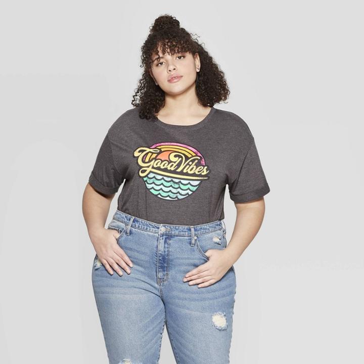 Women's Plus Size Short Sleeve Good Vibes T-shirt - Modern Lux (juniors') - Gray