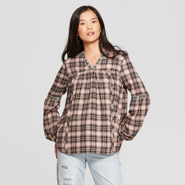 Women's Plaid Long Sleeve Embroidered Trim Popover - Knox Rose Pearl