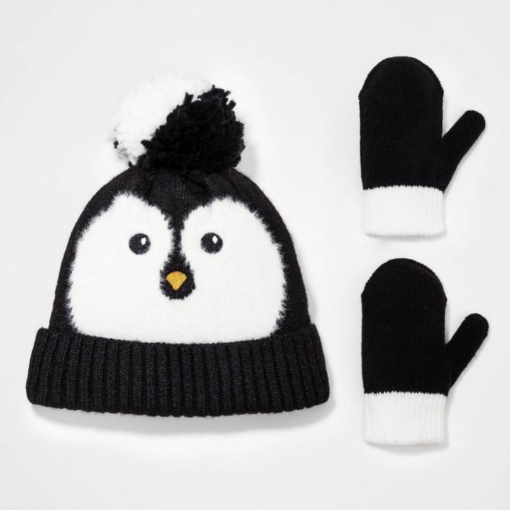 Toddler Girls' 2pk Penguin Knit Beanie With Magic Mittens - Cat & Jack 12-24m, Black/white/yellow