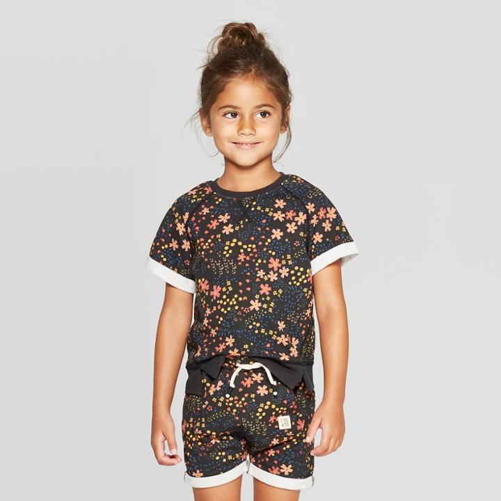 Petitetoddler Girls' Short Sleeve Floral Sweatshirt - Art Class Black