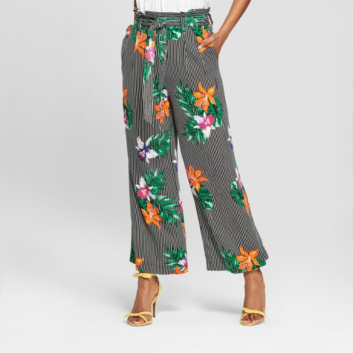 Women's Striped Floral Print Relaxed Paperbag Crop Pants - Who What Wear Black/white
