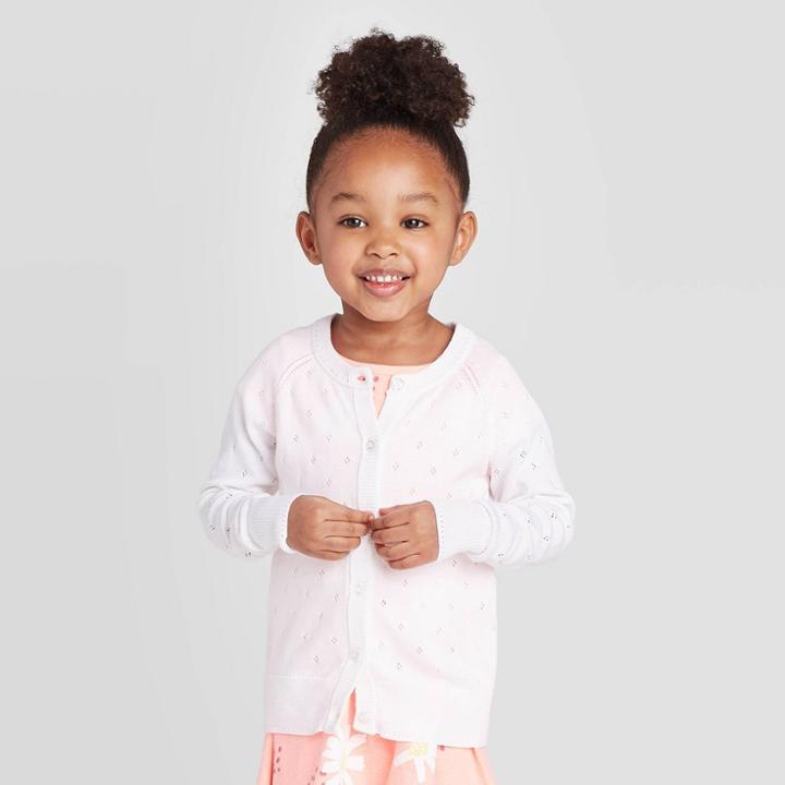 Toddler Girls' Crew Neck Long Sleeve Pointelle Cardigan - Cat & Jack White 12m, Toddler Girl's