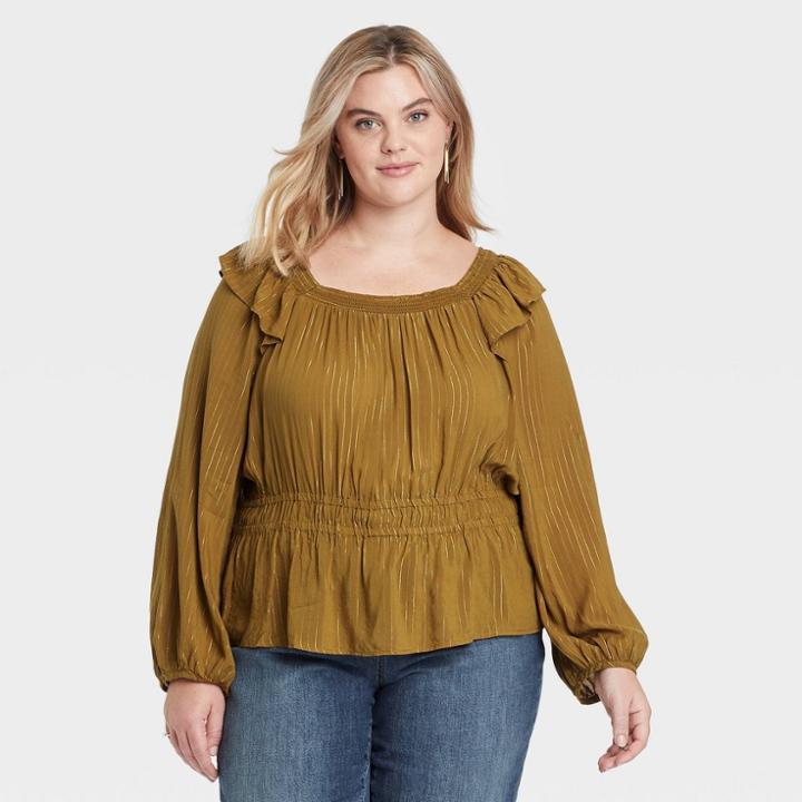 Women's Plus Size Balloon Long Sleeve Peplum Blouse - Universal Thread Brown