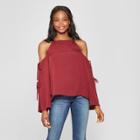 Women's Long Sleeve Cold Shoulder Tie Sleeve Woven Top - Xhilaration Burgundy (red)