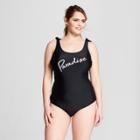 Costa Del Sol Women's Plus Size Paradise Verbiage Knot One Piece - Black