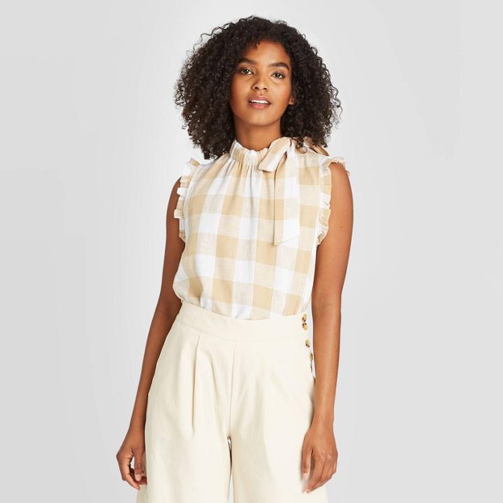 Women's Plaid Sleeveless Blouse - Who What Wear Beige