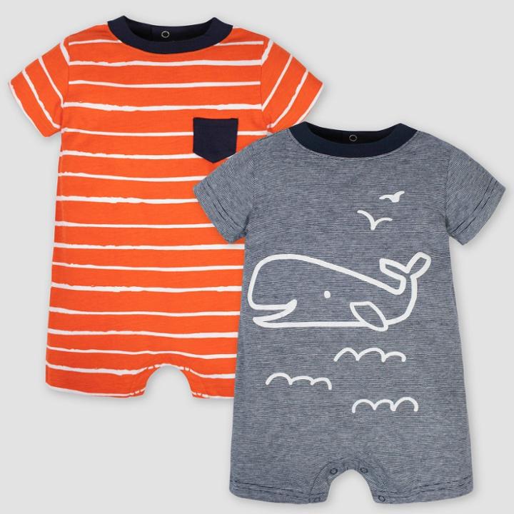 Gerber Baby Boys' 2pk Whale Romper Set - Navy/orange 3-6m, Boy's, Blue