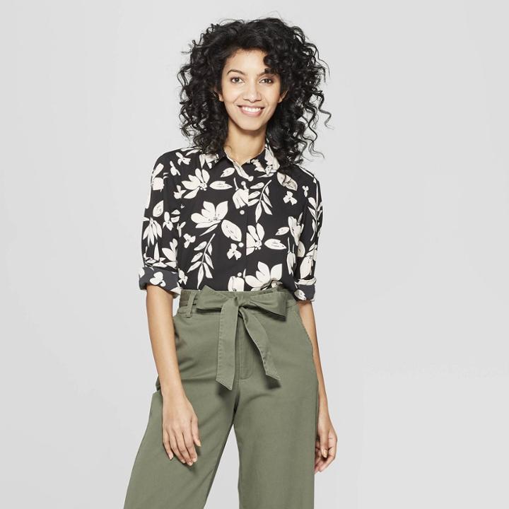 Women's Floral Print Long Sleeve Crepe Blouse - A New Day Black