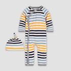 Burt's Bees Baby Baby Boys' Tri-stripe Organic Cotton Kimono Jumpsuit & Knot Top Hat Set - Yellow/blue/gray