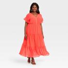 Women's Plus Size Flutter Short Sleeve Chiffon Dress - Ava & Viv Coral X, Pink