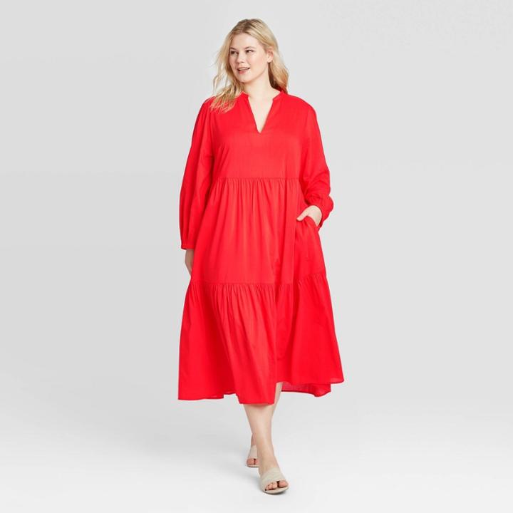 Women's Plus Size Long Sleeve Deep Tiered Flowy Dress - Who What Wear Red 1x, Women's,