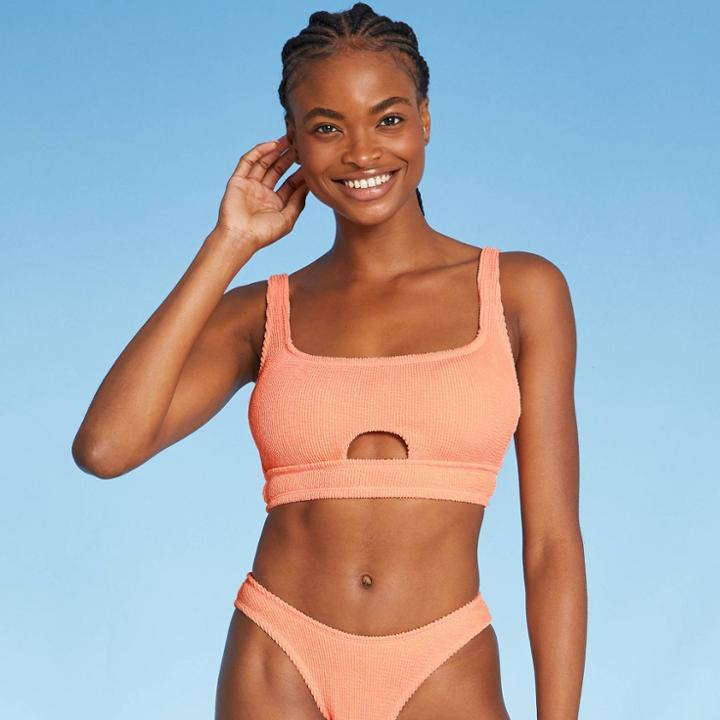 Juniors' Textured Cut Out Scoop Neck Bralette Bikini Top - Xhilaration Peach Orange D/dd Cup
