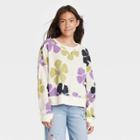 Girls' Oversized Long Sleeve Waffle T-shirt - Art Class Cream Floral Xs, Ivory Floral