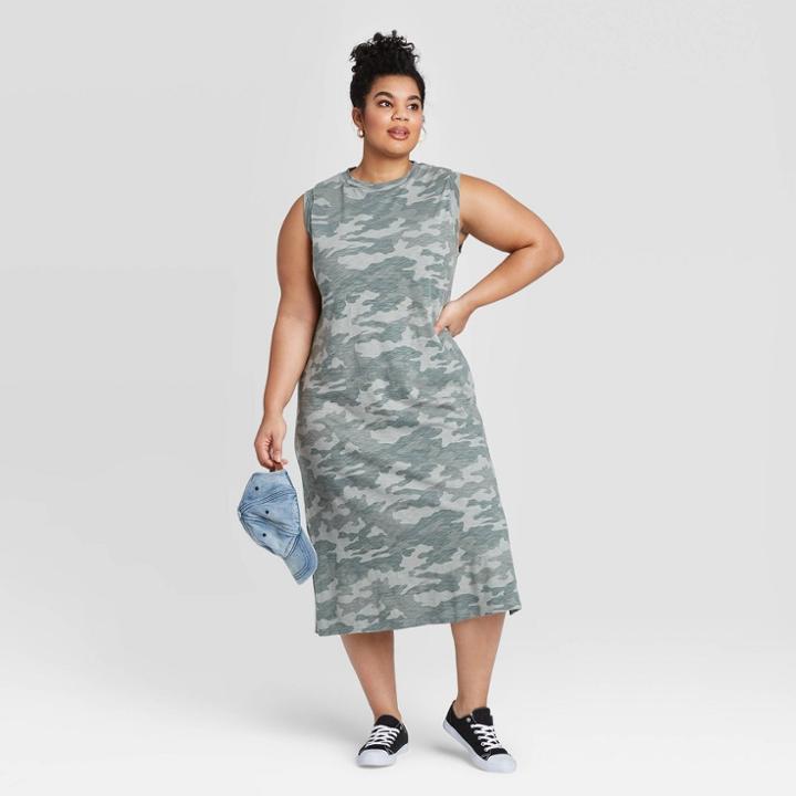 Women's Plus Size Camo Print Sleeveless Knit Dress - Universal Thread Green