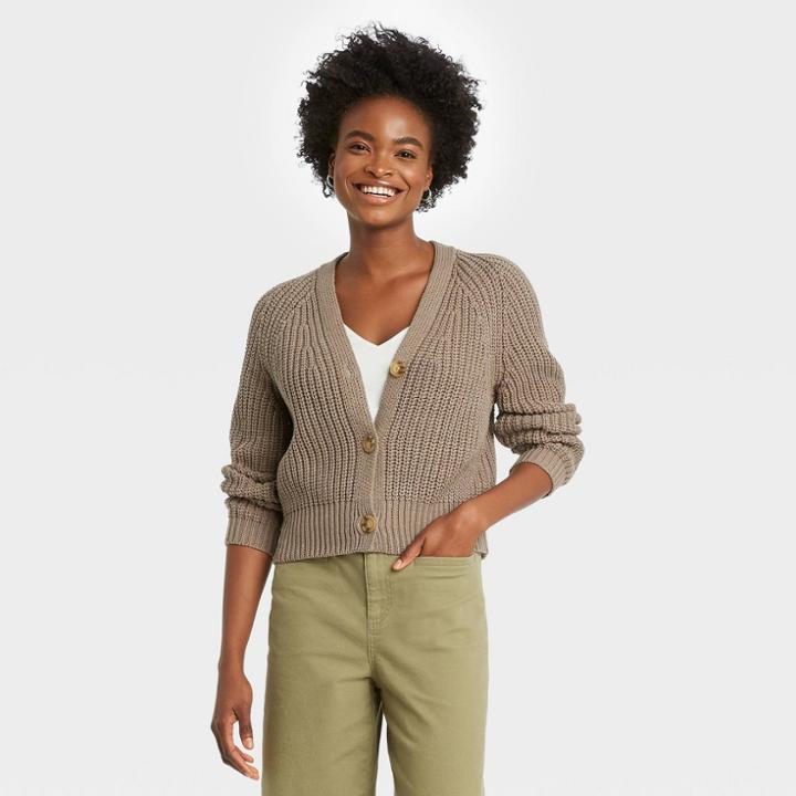 Women's Open Neck Button-front Cardigan - A New Day Brown