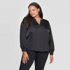 Women's Plus Size Long Sleeve V-neck Popover Top - Ava & Viv Black