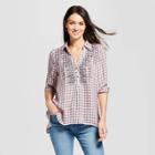 Women's Embroidered Metallic Plaid Top - Knox Rose Burgundy