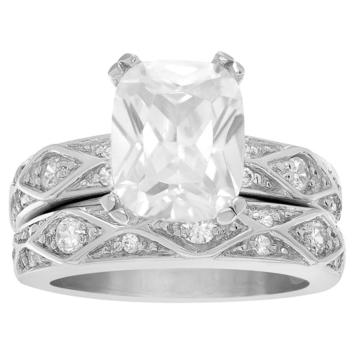 Journee Collection 8 1/2 Ct. T.w. Cushion-cut Cz Prong Set Wedding Ring Set In Sterling Silver - Silver,