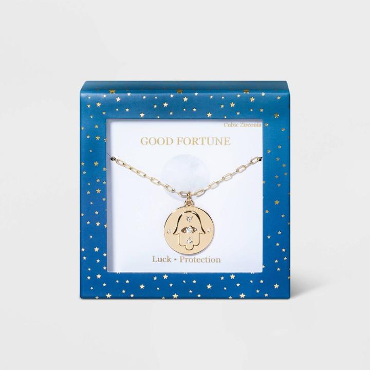 No Brand Hamsa Medallion On Chain Necklace - Gold
