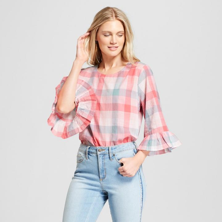 Women's 3/4 Ruffle Sleeve Plaid Blouse - Loramendi Pink