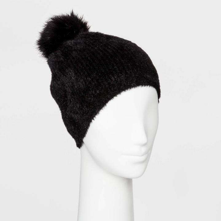 Women's Plush Beanie With Pom - A New Day Black