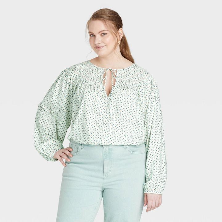 Women's Plus Size Balloon Long Sleeve Button-front Blouse - Universal Thread Cream Floral 1x, Ivory Floral