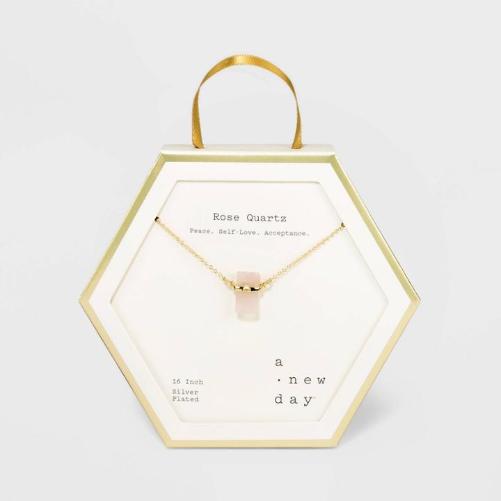 Silver Plated With Gold Flash And Semi-precious Rose Quartz Vertical Rectangle Stone Necklace - A New Day Pink/gold, Women's,