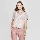 Women's Striped Short Sleeve Button-down Shirt - A New Day Brown