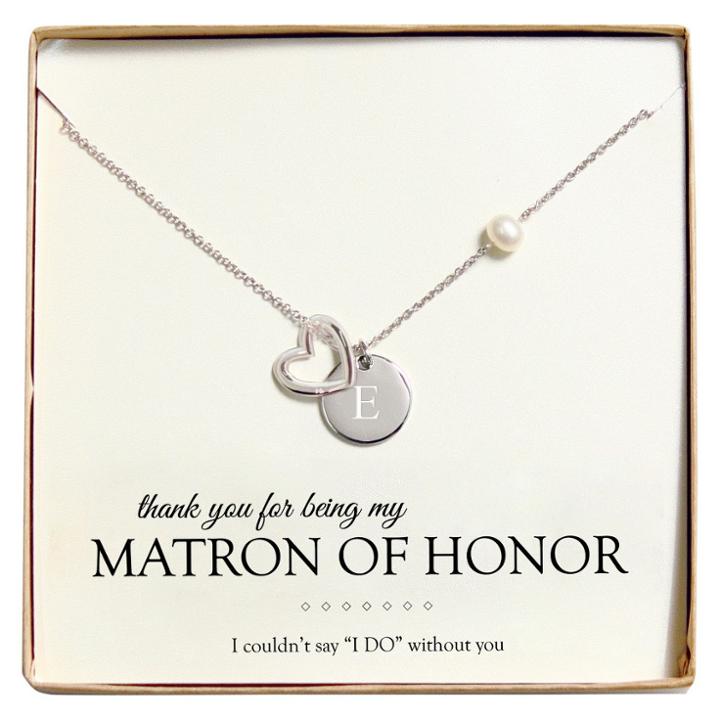Cathy's Concepts Monogram Matron Of Honor Open Heart Charm Party Necklace - E, Women's,