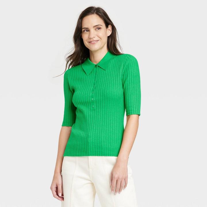 Women's Henley Neck Sweater - A New Day Green