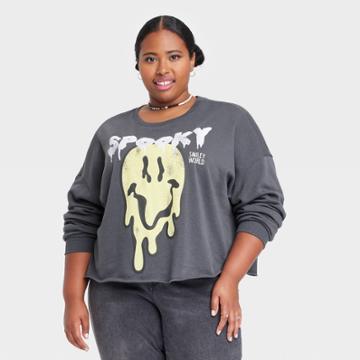 Women's Plus Size Smileyworld Spooky Graphic Sweatshirt - Gray