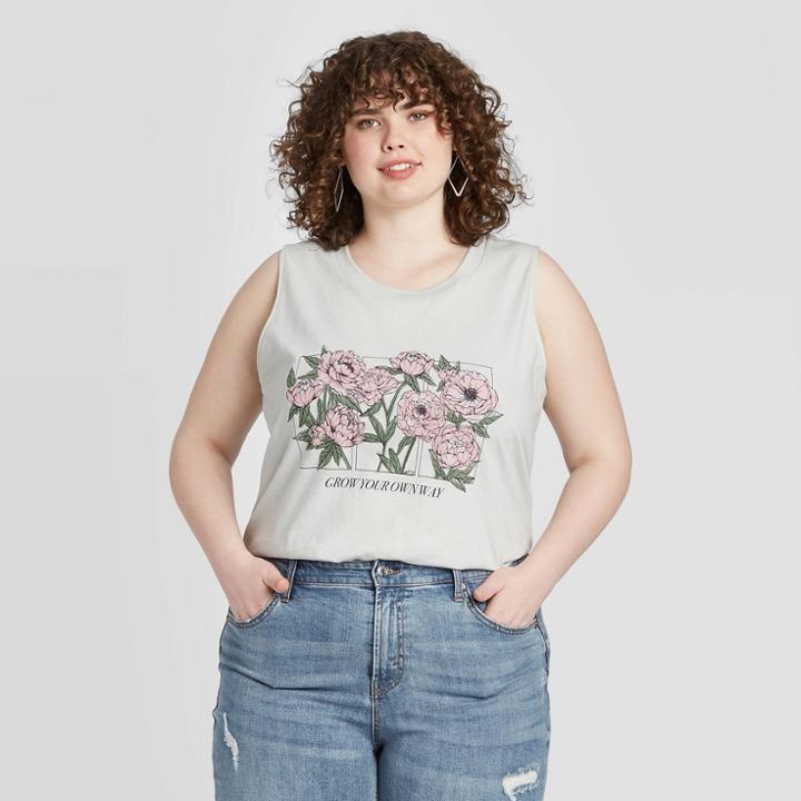 Fifth Sun Women's Plus Size Floral Print Grow Your Own Way Graphic Tank Top (juniors') - Gray 1x, Women's,