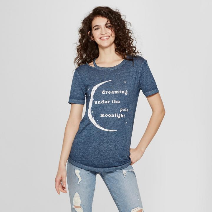 Women's Short Sleeve Dreaming Pale Moonlight Clavicle Cut-out Graphic T-shirt - Mighty Fine (juniors') Navy