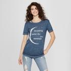 Women's Short Sleeve Dreaming Pale Moonlight Clavicle Cut-out Graphic T-shirt - Mighty Fine (juniors') Navy