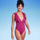 Women's Plunge Flounce Neckline One Piece Swimsuit - Shade & Shore Plum Purple