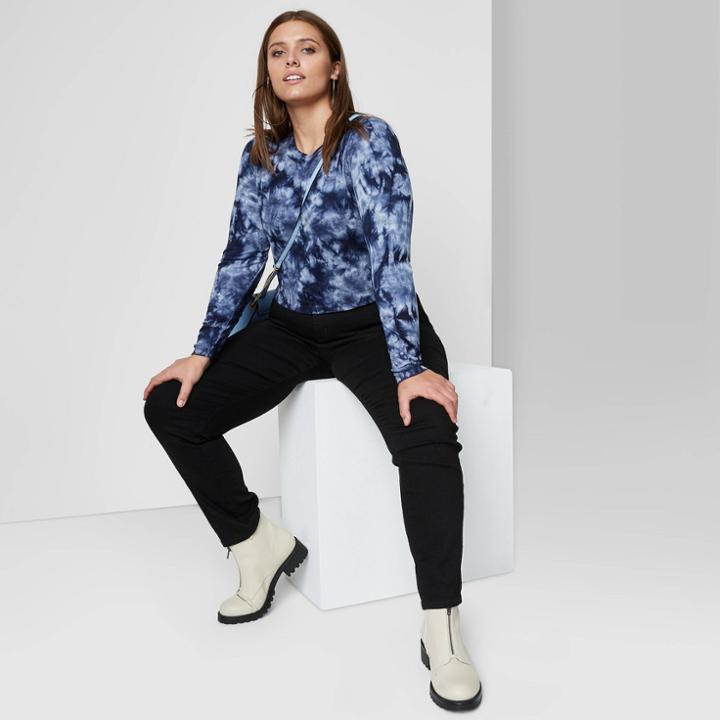 Women's Plus Size Long Sleeve Slim Fit T-shirt - Wild Fable Navy Tie-dye 1x, Blue Tie-dye