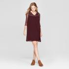 Women's Embroidered Mesh Yoke Swing Dress - Lux Ii - Burgundy