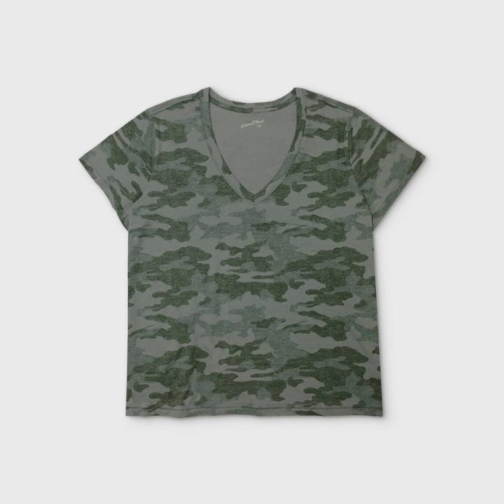 Women's Plus Size Camo Print Short Sleeve V-neck T-shirt - Universal Thread Green 1x, Women's,