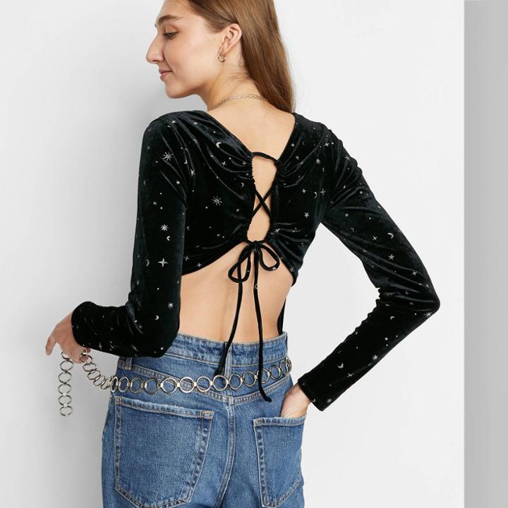 Women's Open Back Lace-up Bodysuit - Wild Fable Black Galaxy