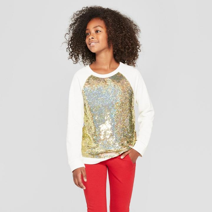 Girls' Flip Sequins Pullover - Cat & Jack Almond Cream
