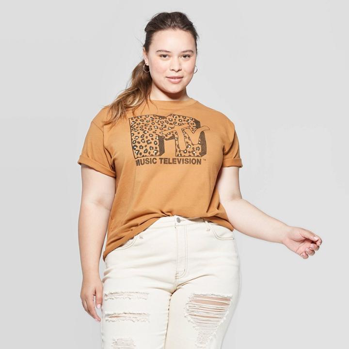 Women's Mtv Leopard Plus Size Short Sleeve T-shirt (juniors') - Brown Sugar 2x, Women's,