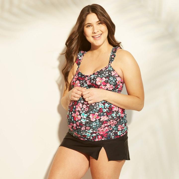 Maternity Floral Print D/dd Cup Ruffle Cross Back Tankini Top - Isabel Maternity By Ingrid & Isabel Black S, Girl's,