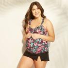Maternity Floral Print D/dd Cup Ruffle Cross Back Tankini Top - Isabel Maternity By Ingrid & Isabel Black S, Girl's,