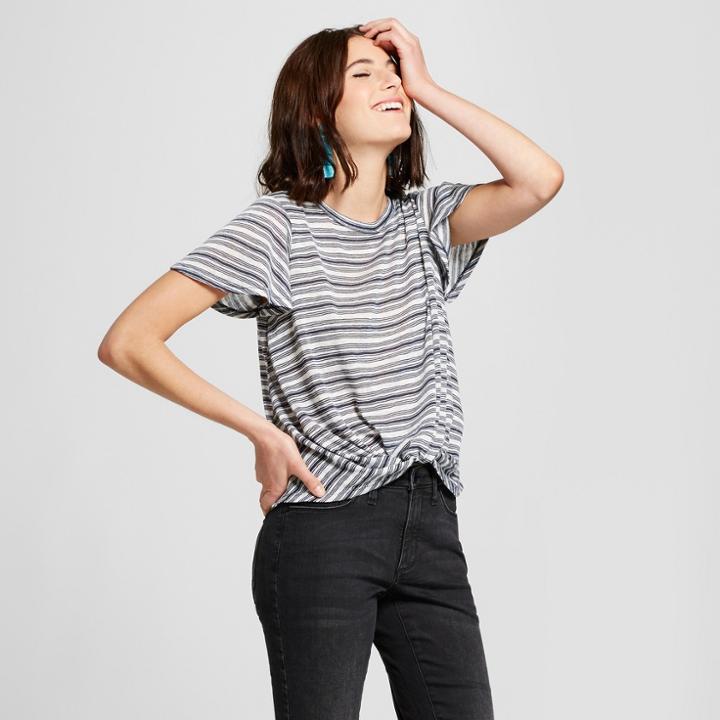 Women's Flutter Sleeve Striped Twist Front Crop T-shirt - Xhilaration Navy (blue)