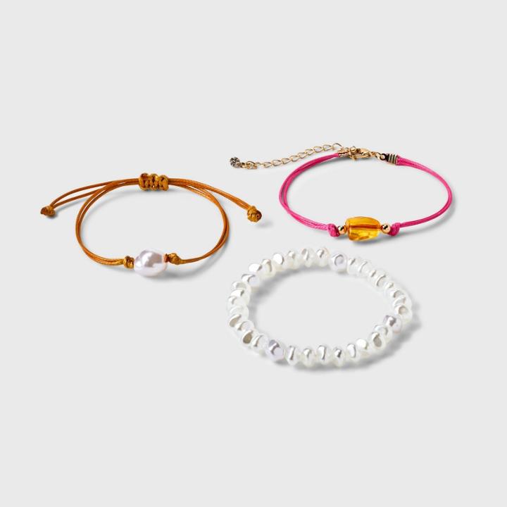Beaded Bracelet With Pearl Set 3pc - A New Day Pink