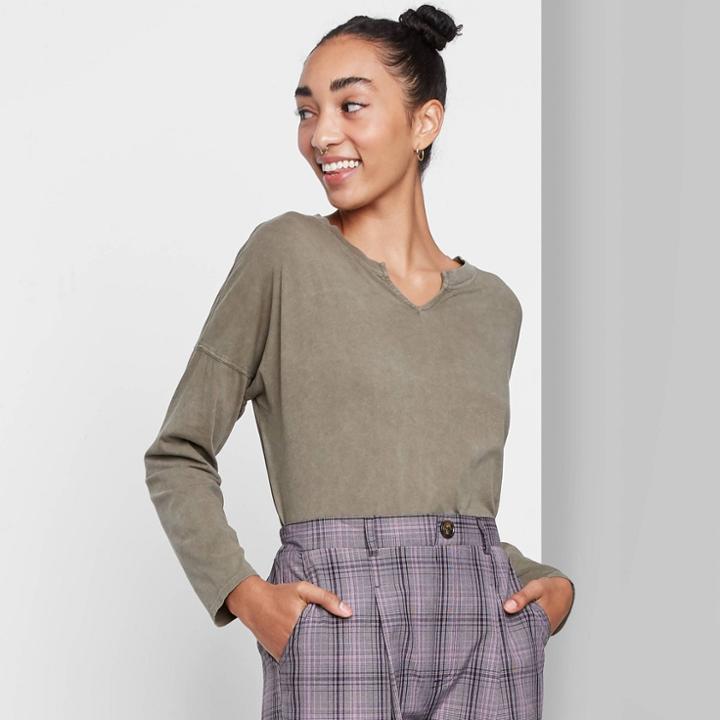 Women's Long Sleeve V-neck Notch Front Cropped Boxy T-shirt - Wild Fable Olive Green