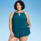 Women's Plus Size High Neck Swim Romper With Pockets - Aqua Green Teal Green