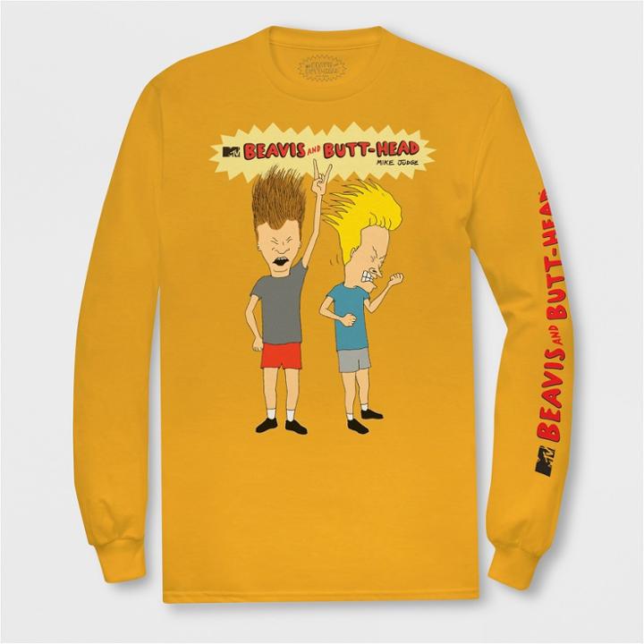 Men's Long Sleeve Mtv Beavis & Butthead Crew T-shirt - Gold