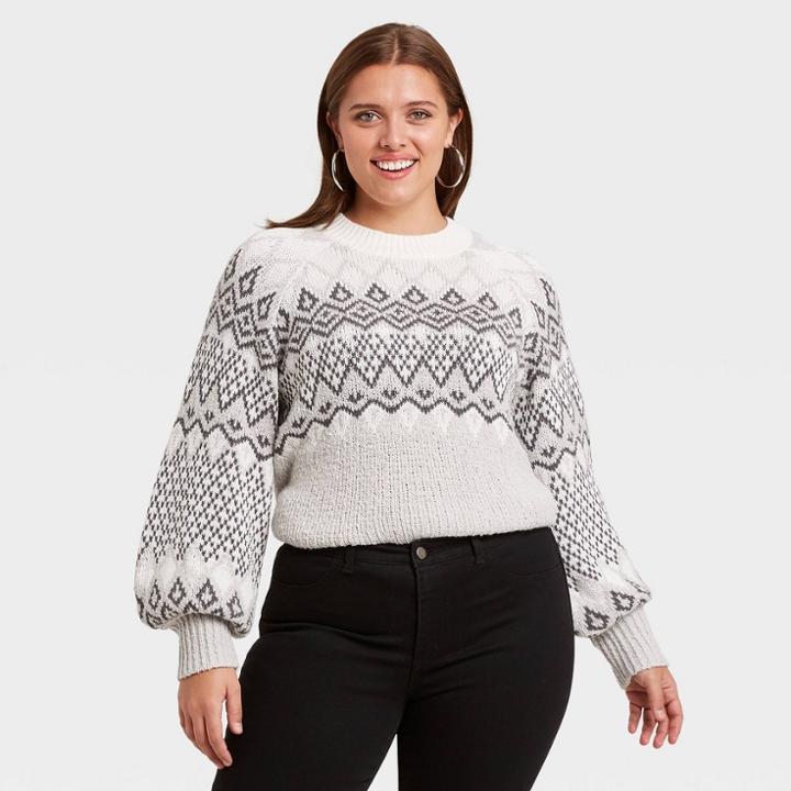 Women's Plus Size Crewneck Fair Isle Pullover Sweater - Ava & Viv Gray X