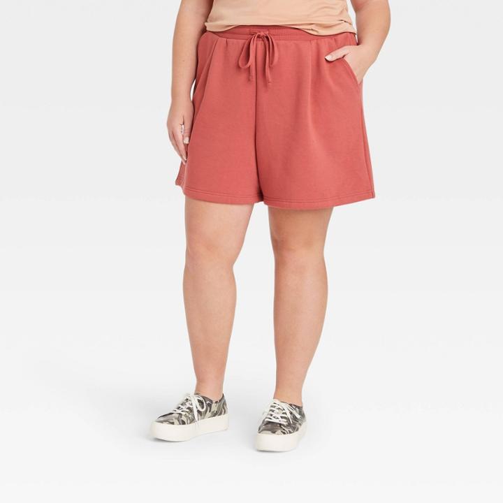 Women's Plus Size High-rise Tie Waist Knit Lounge Shorts - A New Day Dark Pink